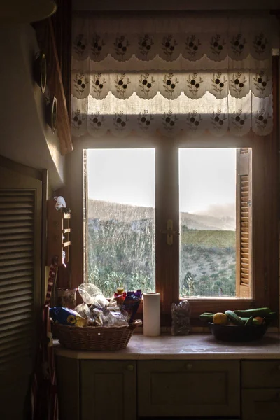 Vistas Panorámicas Granja Desde Ventana Cocina Grecia —  Fotos de Stock