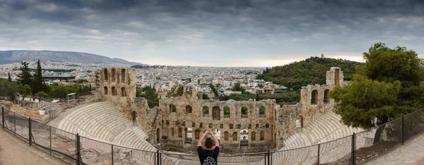 Herodes Atticus Odeon Mobil Kamera Atina Yunanistan Ile Cityscape Fotoğrafçılık Stok Resim