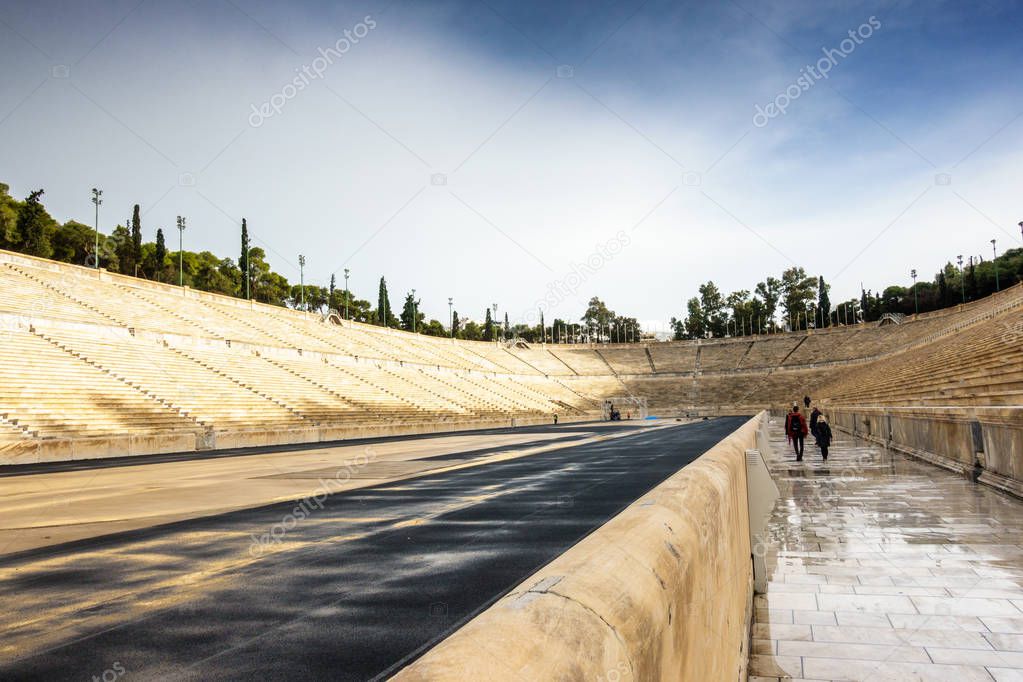 Rear view of people on pedestrian walkway at Panathinaiko Stadium, Athens, Greece, Europe