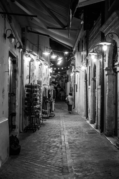 Rear View Woman Walking Alley Chania Crete Greece — Stock Photo, Image