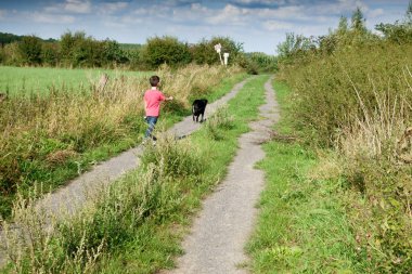 Arkadan görünüş ile evde beslenen hayvan köpek çim sahası üzerinden yol üzerinde yürüyen çocuk