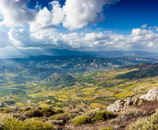 Scenic View Patchwork Agricultural Landscape Mountain Cloudy Sky Crete Greece — Stock Photo, Image