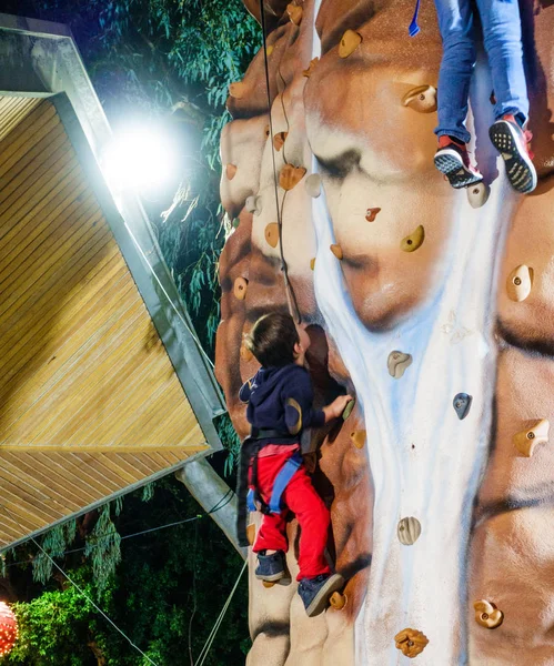 Boy Rock Climbing Artificial Boulder Night Greece — Stock Photo, Image