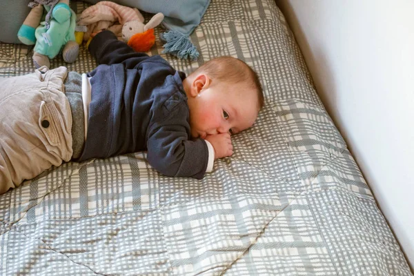 Baby Boy Resting Thumb Sucking Bed Greece — Stock Photo, Image