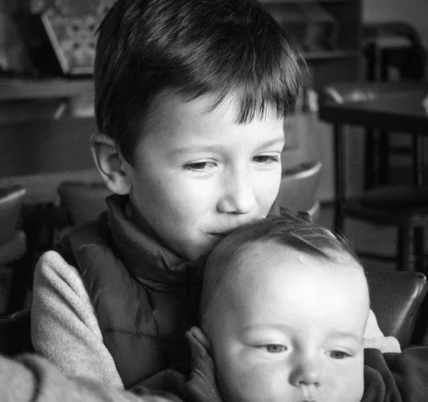 Portrait Boy Holding Baby Brother Greece — Stock Photo, Image