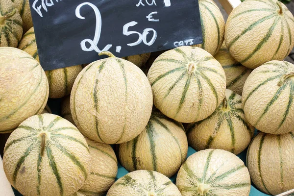 Cantaloupemelon Meloner Överflöd Till Salu Marknadsstånd — Stockfoto