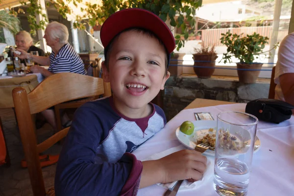 Portrait Happy Little Boy Having Meal Restaurant — Stock Photo, Image