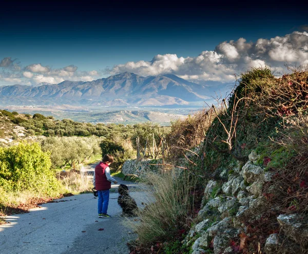 Vista Trasera Niño Perro Mascota Con Paisaje Escénico Telón Fondo — Foto de Stock