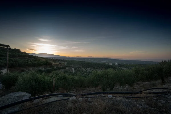 Vista Panorámica Del Paisaje Agrícola Durante Puesta Del Sol Creta — Foto de Stock