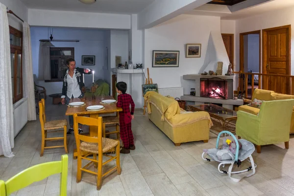 Father Son Dinner Table House Greece — Stock Photo, Image