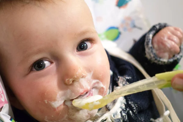 Portrait Little Messy Baby Boy Eating Food — Stock Photo, Image