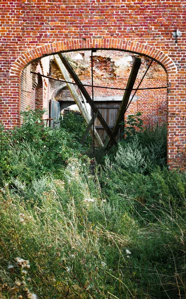 れんが造りの構造とブッシュの植物の放棄された遺跡 — ストック写真