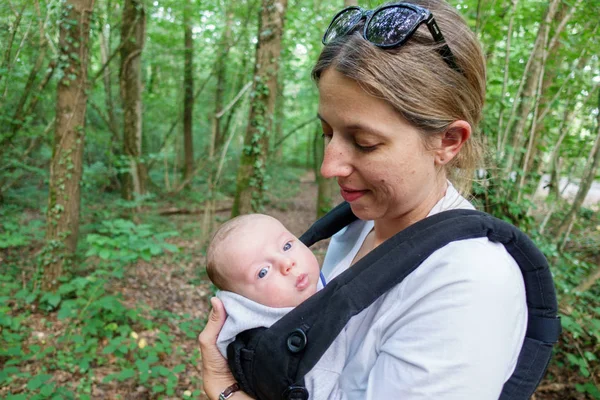 Mother Her Cute Little Baby Carrier Public Park — Stock Photo, Image