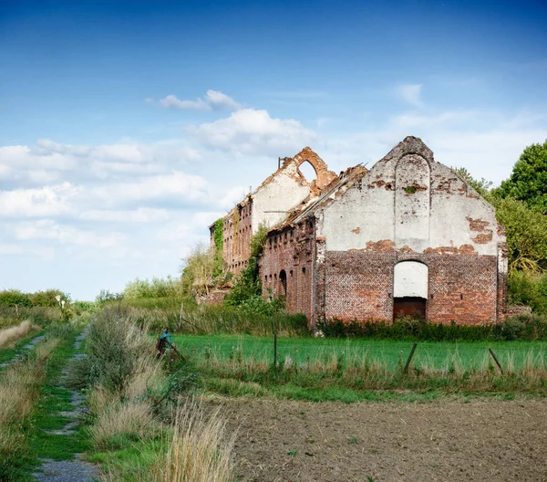 Verlaten Ruïnes Van Baksteen Structuur Gras Veld — Stockfoto