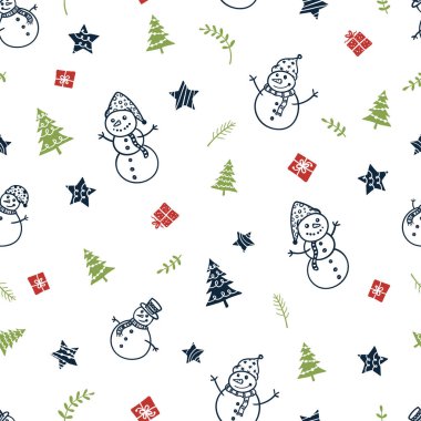 Eğlenceli ve sevimli el çizimi kardan adam kusursuz desen, kış temalı zemin - tekstil, ambalaj, pankart, duvar kağıtları, vektör tasarımı için harika