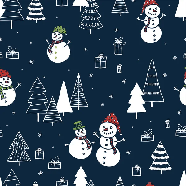 Sranda a roztomilé ručně kreslené sněhové muže bezešvé vzor, zimní tématické pozadí - skvělé pro textil, balení, bannery, tapety, vektorový design — Stockový vektor
