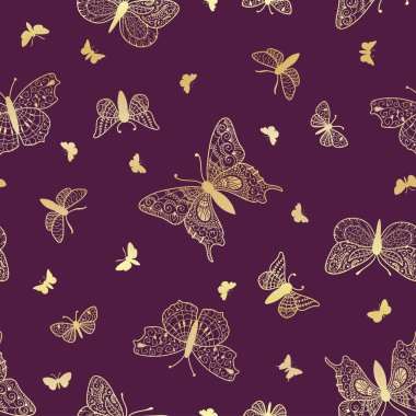 Zarif ve yaratıcı altın kelebekler kusursuz desen, güzel arka plan - moda baskıları, tekstil, duvar kağıtları, davetiyeler, afişler - vektör yüzey tasarımı