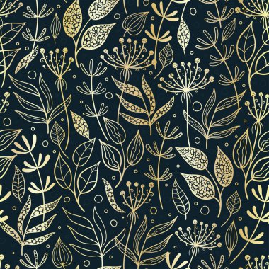 Eğlenceli ve sevimli altın el çiçeksiz desenler çizdi - dallar, yapraklar, çiçek karalamaları tekrar arkaplan - tekstil, afişler, duvar kağıtları, ambalajlar - vektör tasarımı