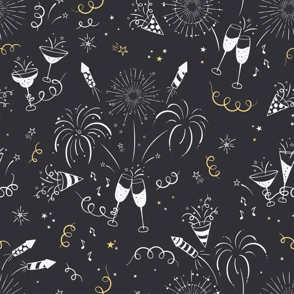 Fun hand drawn New Years Party seamless pattern - firework, paper streamers, cocktails and rockets doodles, great for banners, wallpapers, textiles, wrapping - vector design — Stock Vector