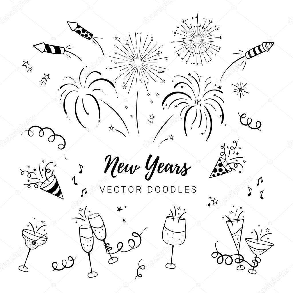 Fun hand drawn New Years Party doodles - firework, paper streamers, cocktails and rockets , great for banners, wallpapers, textiles, wrapping - vector design