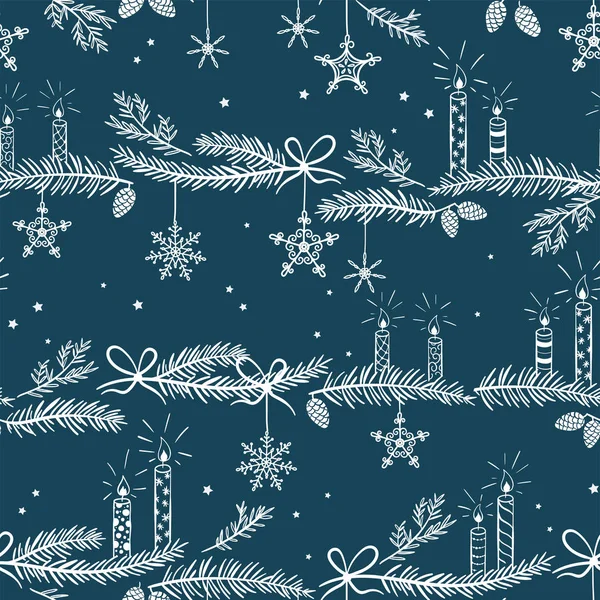 Schattig met de hand getekend naadloos patroon met kaarsen, takken en kerst decoratie - x mas achtergrond, geweldig voor textiel, banners, wallpapers - vector ontwerp — Stockvector