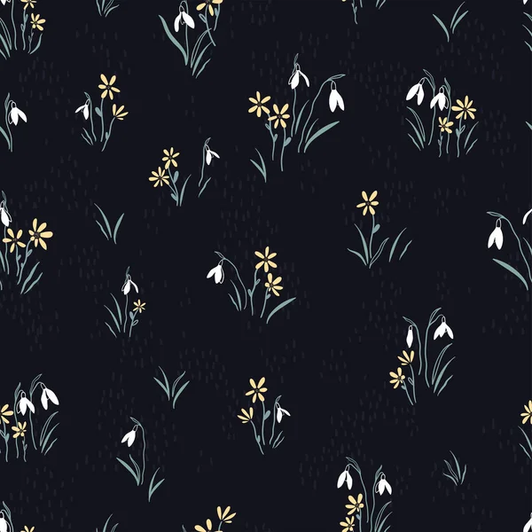 Lindo campo de flores de primavera dibujado a mano, fondo floral de floración temprana, ideal para textiles, pancartas, papel pintado, envoltura, diseño de superficie vectorial — Archivo Imágenes Vectoriales