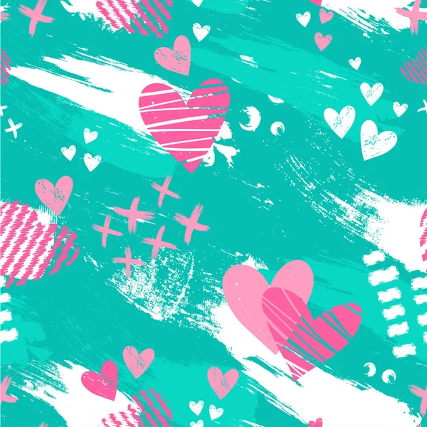 Fondo divertido dibujado a mano con corazones - patrón inconsútil colorido, ideal para textiles de moda, pancartas, envoltura - diseño de vectores — Archivo Imágenes Vectoriales