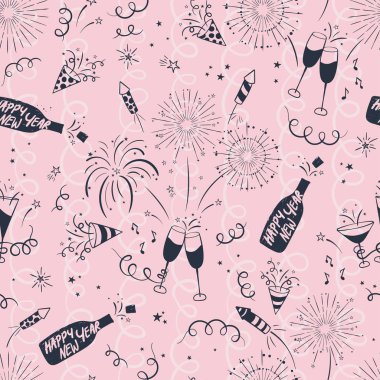 Eğlenceli el çizimi Yeni Yıl Partisi kusursuz desen - havai fişekler, kağıt şeritleri, kokteyller ve roketler, afişler, duvar kağıtları, tekstil, ambalaj - vektör tasarımı