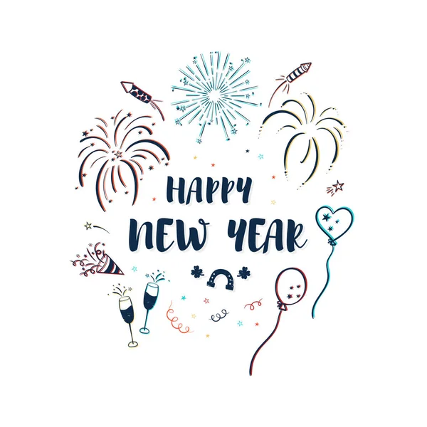 Lustige handgezeichnete Neujahrsart mit Feuerwerkskritzeln, Luftschlangen, Sternenkritzeleien - ideal für Party-Einladungen, Karten — Stockvektor