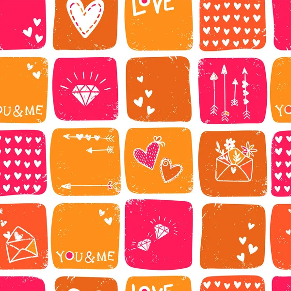 Cute hand drawn Valentine's Day seamless pattern, romantic doodles background with hearts, arrows, diamonds and type - great for textiles, wrapping, banner, cards, wallpaper, vector design — Stock Vector