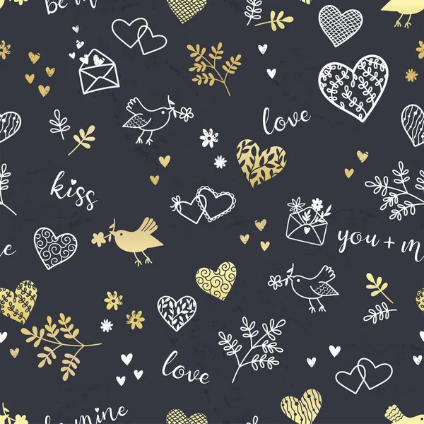 Cut hand drawn romantic seamless pattern, doodle hearts, birds, letters and type - great for textiles, banner, wallpapers, cards, wrapping - vector design — Stock Vector