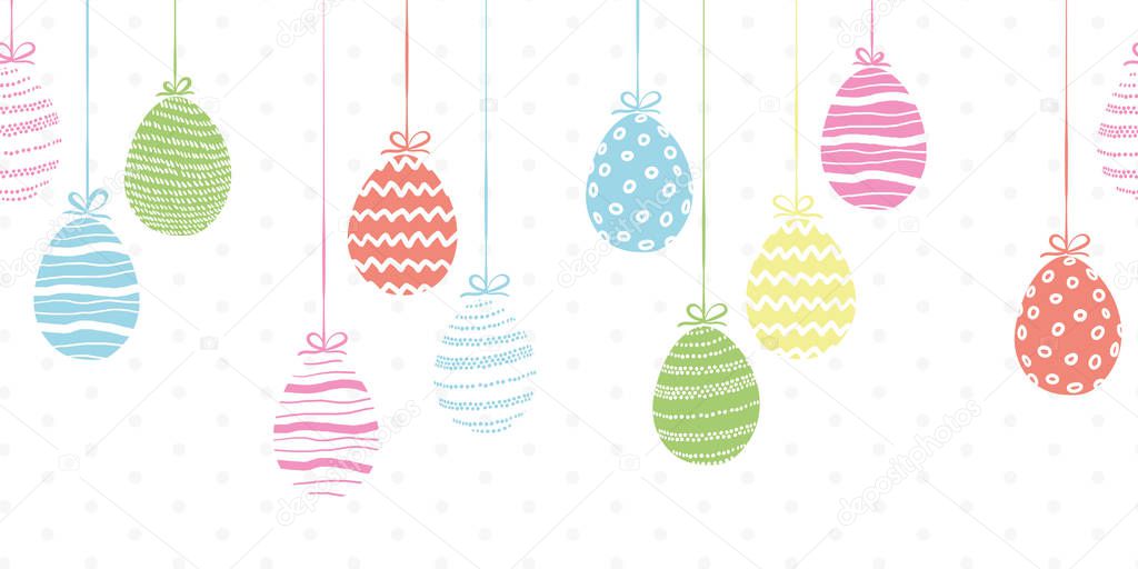 Cute hand drawn easter eggs horizontal seamless pattern, doodle eggs hanging - great for banners, wallpapers, invitations, vector design