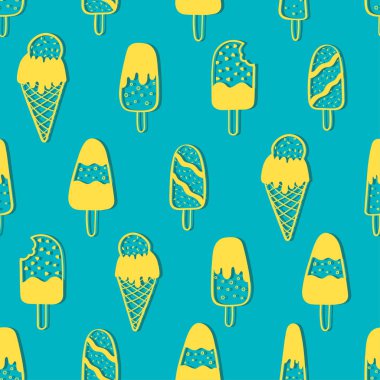 Eğlenceli el çizimleri, dikişsiz dondurma kalıpları, karalama buzlu şeker arka planı, yaz temalı kumaşlar, afişler, duvar kağıtları, ambalajlar - vektör tasarımı -