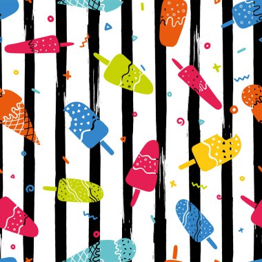 Eğlenceli el çizimleri, dikişsiz dondurma kalıpları, karalama buzlu şeker arka planı, yaz temalı kumaşlar, afişler, duvar kağıtları, ambalajlar - vektör tasarımı -