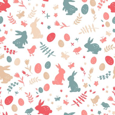 Sevimli el çizimi paskalya dikişsiz desen, renkli bahar arka planı tavşancıklar, paskalya yumurtaları, çiçekler, kelebekler - tekstil, afişler, duvar kağıtları, kartlar ve ambalajlar için harika - vektör tasarımı