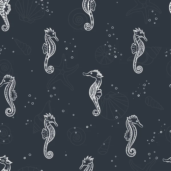 Aranyos kézzel rajzolt díszes tengeri lovak zökkenőmentes minta, víz alatti téma háttér, nagy szövetek, bannerek, tapéták, csomagolás - vektor design — Stock Vector