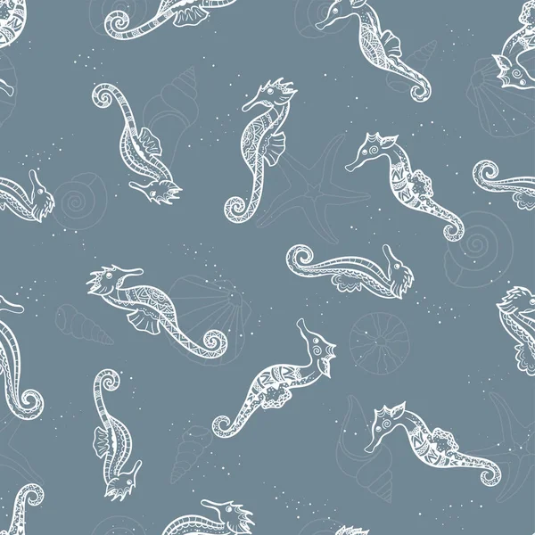 Cute hand drawn ornate sea horses seamless pattern, underwater theme background, great for fabrics, banners, wallpapers, wrapping - vector design — 스톡 벡터