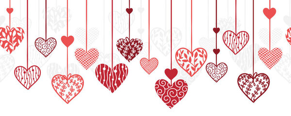 Симпатичный ручной рисунок висит каракули сердца горизонтальный бесшовный узор, романтический фон, отлично подходит для текстиля, валентинки день обертывания, баннер, обои - векторный дизайн
