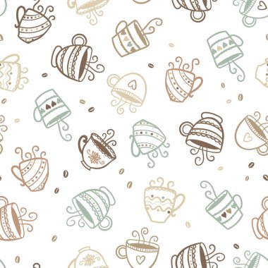 Sevimli el çizimi kahve fincanları, pürüzsüz desen, karalama arkaplanı, tekstil, afişler, duvar kağıtları, ambalaj - vektör tasarımı