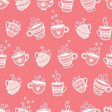 Sevimli el çizimi kahve fincanları, pürüzsüz desen, karalama arkaplanı, tekstil, afişler, duvar kağıtları, ambalaj - vektör tasarımı