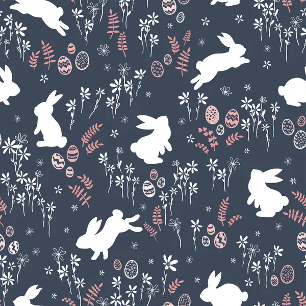 Cute ha nd drawn bunnies in a flower meadow, sweet easter pattern, with rabbits, flowers, easter eggs - great for textiles, easter cards, banners, wallpapers - vector design