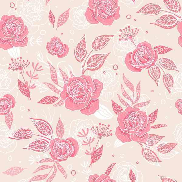 Niedlichen handgezeichneten floralen nahtlosen Muster, Rosen und Blätter - ideal für Textilien, Banner, Verpackung, Tapeten - Vektor-Design — Stockvektor