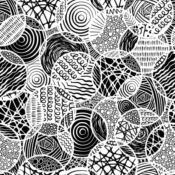 Dibujado a mano patrón abstracto sin costuras con círculos garabatos, fondo divertido, ideal para textiles, pancartas, fondos de pantalla, envoltura - diseño de vectores — Archivo Imágenes Vectoriales