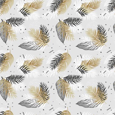 Elle çizilmiş egzotik yapraklar, pürüzsüz yazlık arkaplan, tekstil, pankart, duvar kağıtları, ambalaj - vektör tasarımı için harika.