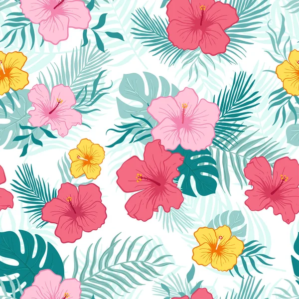 Belles Fleurs Tropicales Dessinées Main Feuilles Motif Sans Couture Hibiscus — Image vectorielle