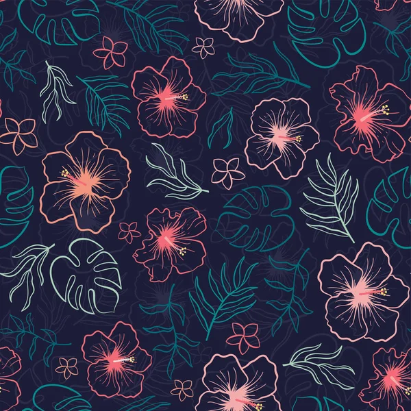 美しい手描きの熱帯の花や葉のシームレスなパターン ハイビスカスやヤシの木の葉 バナー 壁紙のために素晴らしい ベクトルデザイン — ストックベクタ
