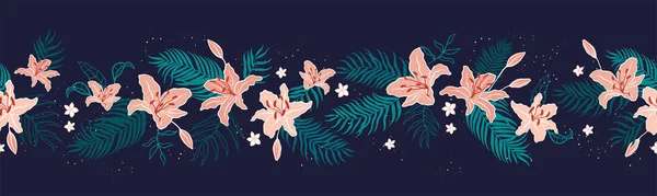 Елегантний Намальований Тропічний Квітковий Горизонтальний Безшовний Візерунок Екзотичний Квітковий Фон — стоковий вектор