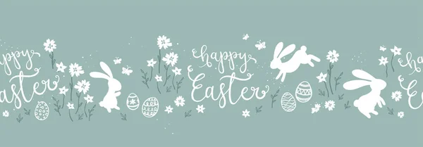 Cute Ręcznie Rysowane Wielkanocne Projekt Karty Pisanki Kwiaty Króliczki — Wektor stockowy