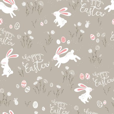 Paskalya 'da tavşanlar, paskalya yumurtaları ve çiçeklerle süslenmiş güzel bir el çizimi. Paskalya kartları, afişler, duvar kağıtları, tekstil ve ambalaj için harika.