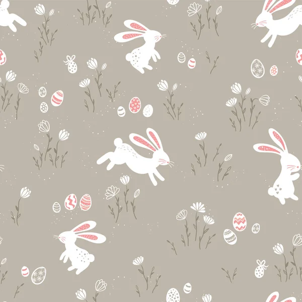 Cute hand drawn Easter seamless pattern with bunnies, Easter eggs and flowers. Great for Easter Cards, banner, wallpaper, textiles, wrapping- vector design